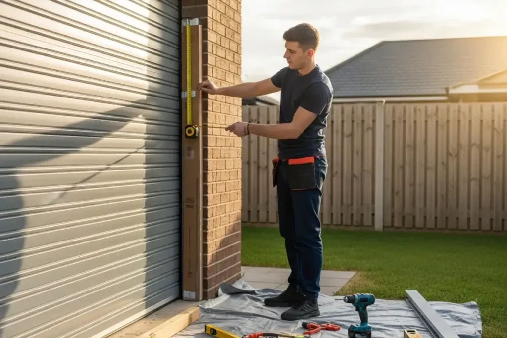 DIY garage door installation of a roller door showing the fitting process with tools and components laid out