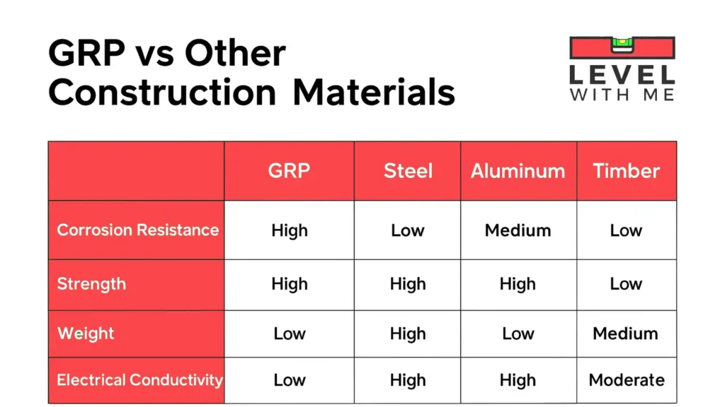 GRP compared to steel, aluminium, and timber garage door materials in a side-by-side comparison chart showing key differences