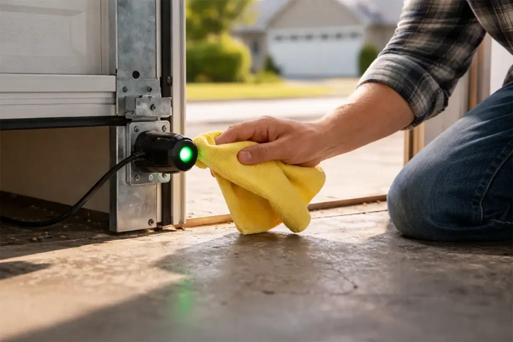 Cleaning a garage door photoelectric safety sensor lens with a soft dry cloth