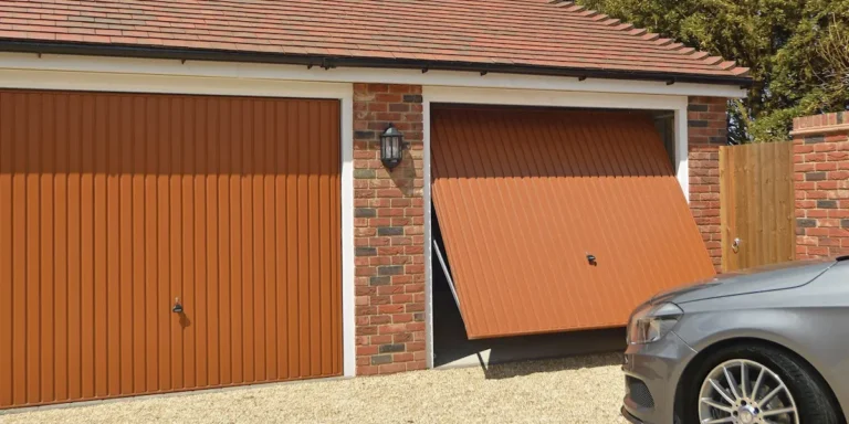 Garador brown up-and-over garage door in a classic warm finish with a traditional panelled design