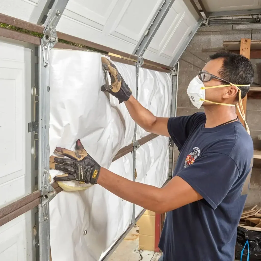DIY garage door insulation process on a sectional door showing insulation panels being fitted to the inside of the door