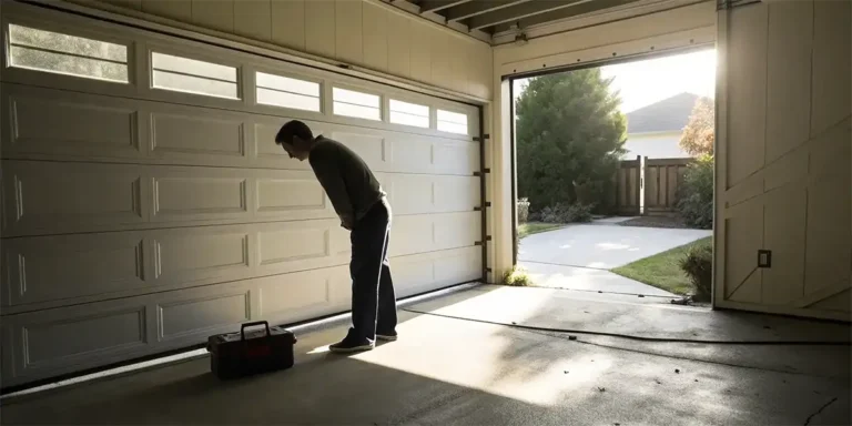 Garage door inspection and fault finding showing a technician checking the springs, sensors, and opener for common reasons why the door won't open