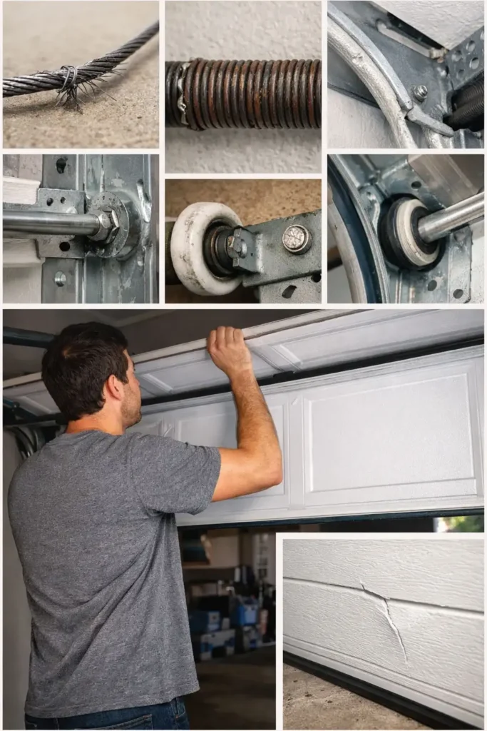 Garage door visual inspection showing a homeowner checking the tracks, springs, and rollers for signs of wear, rust, and damage