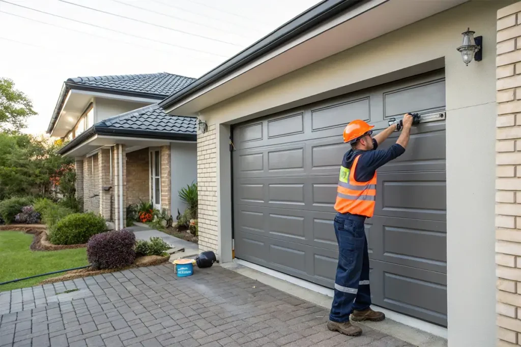 Professional garage door installation final touches with an engineer making adjustments to the track and checking the alignment