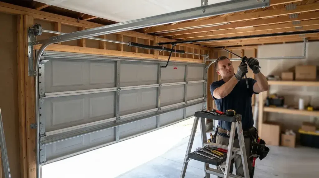 Professional sectional garage door installation in progress showing panels being fitted to the tracks with tools and equipment visible