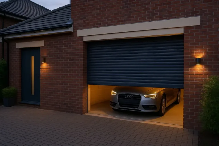 Roller garage door installed on a new build property with a matching front door, featuring a coordinated modern finish and clean architectural lines