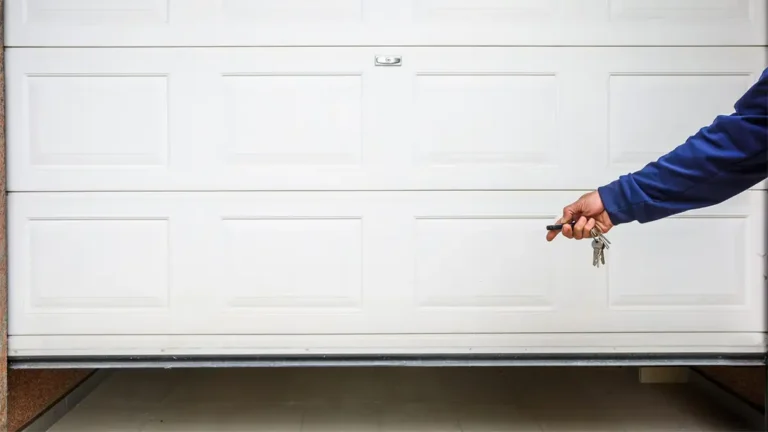 Using a remote control to test garage door automation, showing a hand pressing the button on a handheld remote to operate the door
